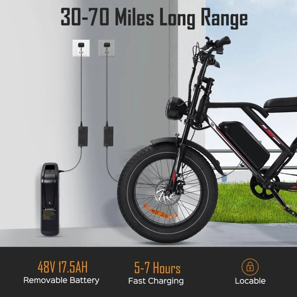 S8 Electric Bike for Adult, 1000W 20" Fat Tire 48V 17.5AH Removable Battery, Max 35-70 Miles Electric Motorcycle