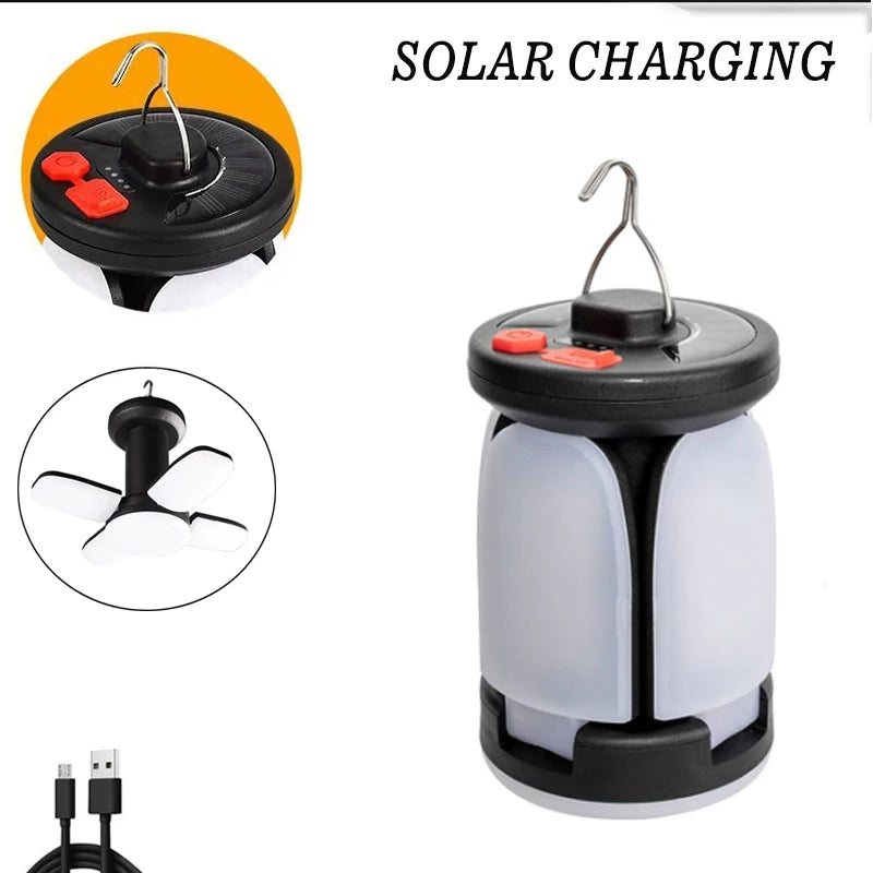 Solar Camping Light，USB/Solar Recharge Portable Lamp with 2000mAh Battery 6 Lighting Modes Outdoor Portable Hanging Tent Light
