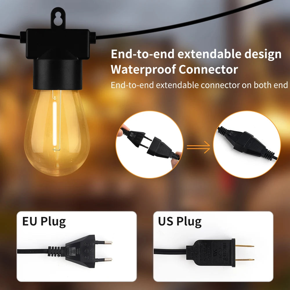 15M LED String Light Shatterproof Led Festoon Garland Retro Patio Light Outdoor Light Decoration For Garden Wedding Holiday