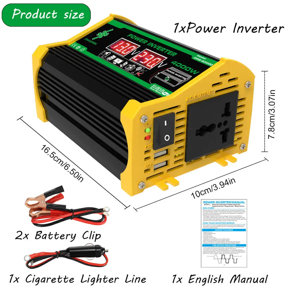 6000/4000/3000W Car Inverter 12V to 110/220V Vehicle Smart Inverter LCD Display Voltage Transformer Dual USB Car Power Supply