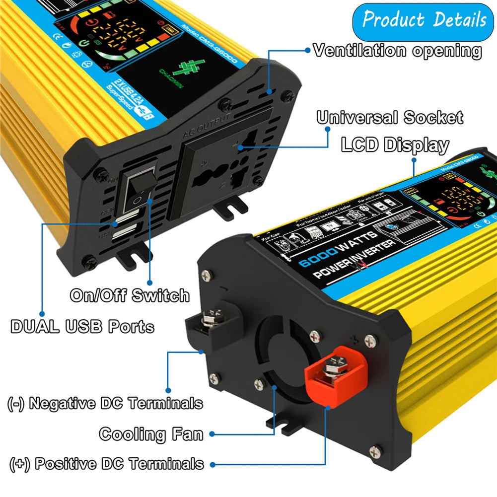 6000/4000/3000W Car Inverter 12V to 110/220V Vehicle Smart Inverter LCD Display Voltage Transformer Dual USB Car Power Supply