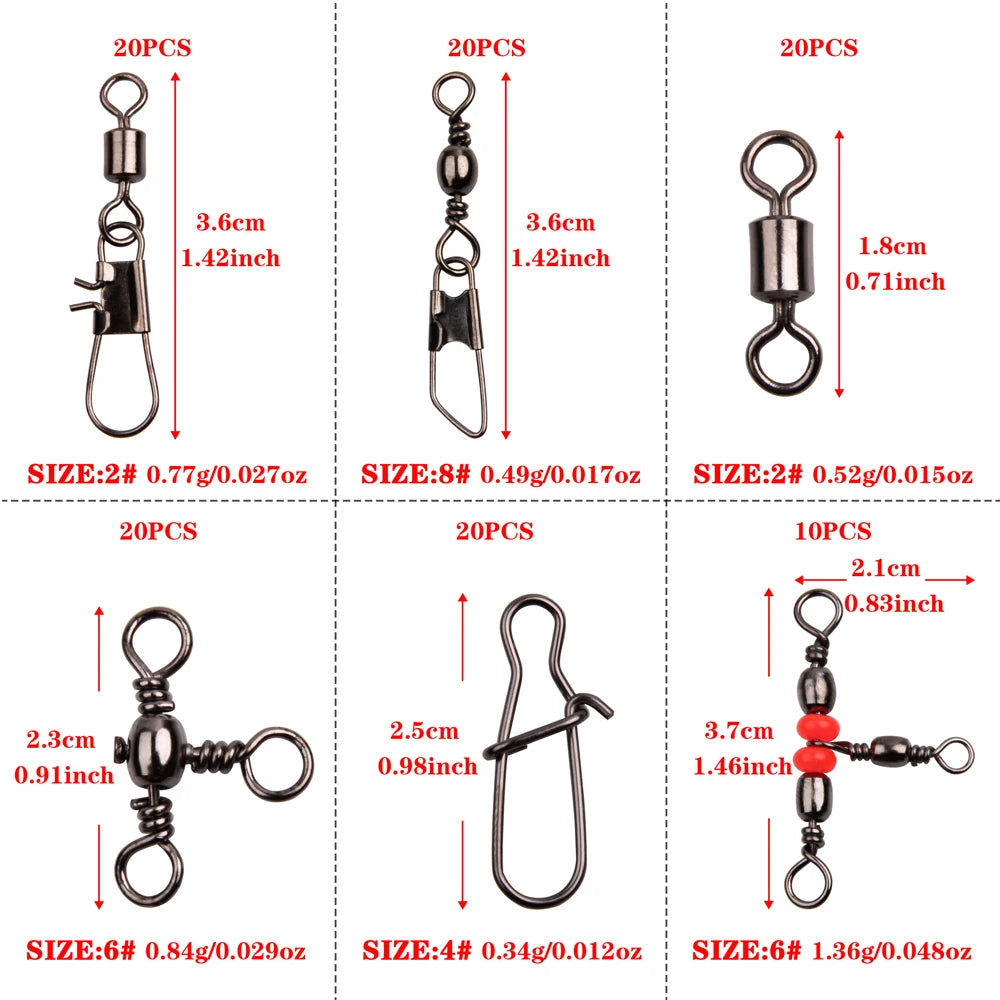 140pcs/box Fishing Swivel Snaps Kit - Ball Bearing Swivels, Triple Swivel Connectors, and Barrel Snap Clips