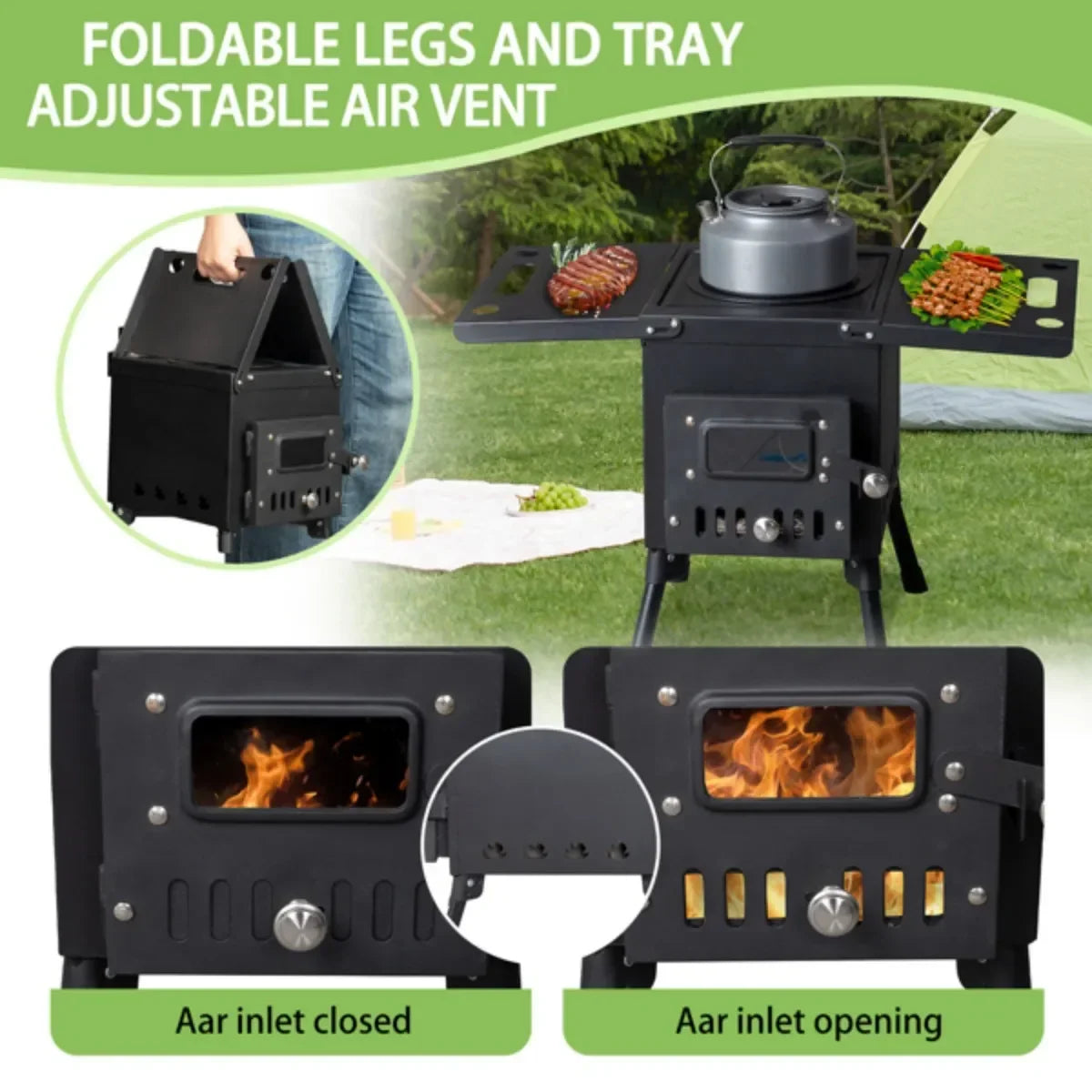 Outdoor Barbecue Charcoal Grill Cooking Portable Black Camping Wood Stove with Chimney Folding Barbecue