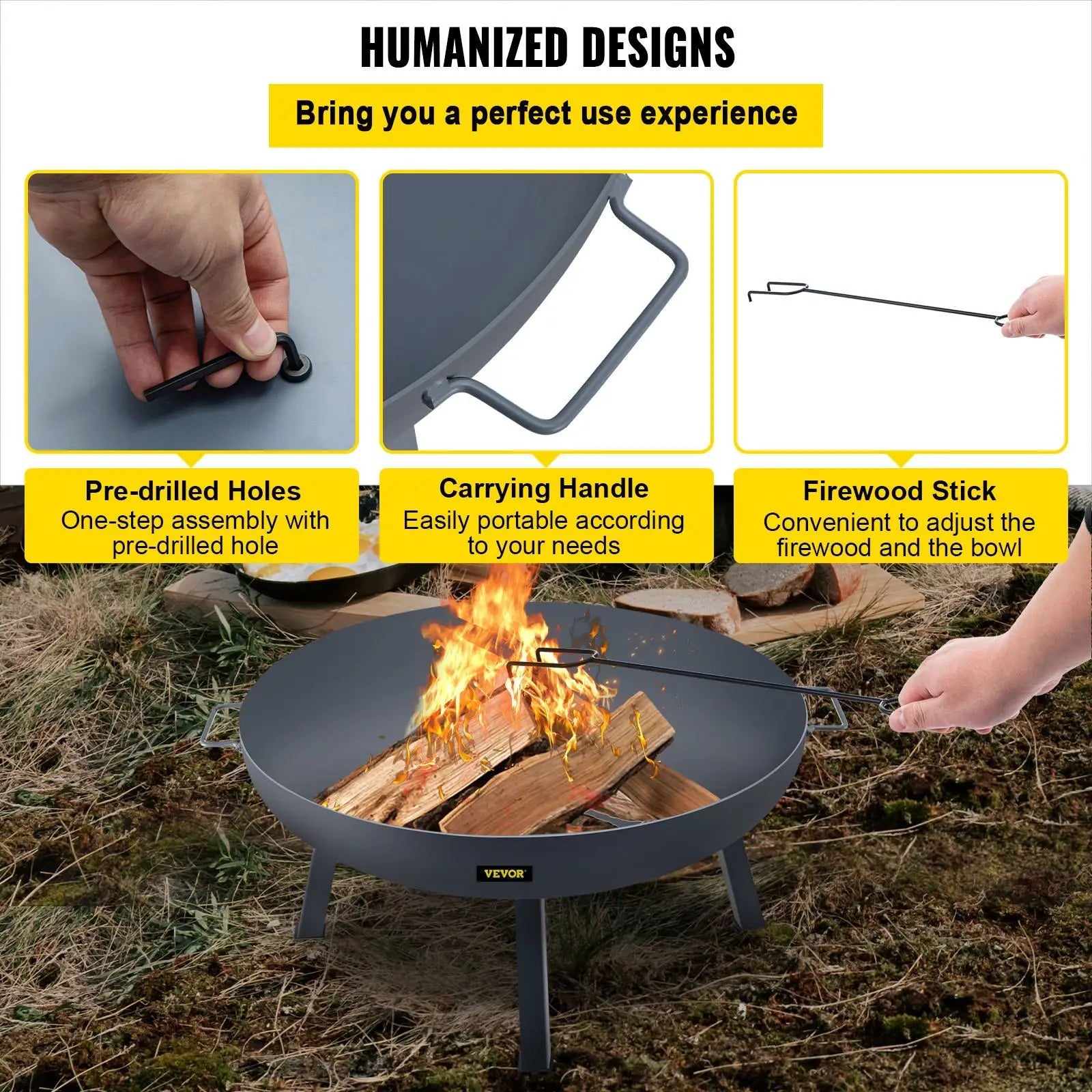 Fire Pit Bowl, 34-Inch Diameter Round Carbon Steel Fire Bowl, Wood Burning for Outdoor Patios, Backyards & Camping Uses, with A