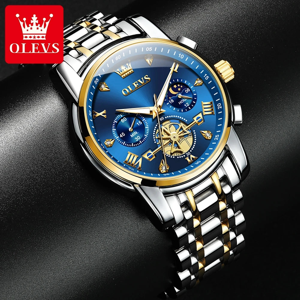 OLEVS 2856 Quartz Watch for Men Flywheel Skeleton Chronograph Moon Phase