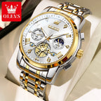 OLEVS 2856 Quartz Watch for Men Flywheel Skeleton Chronograph Moon Phase
