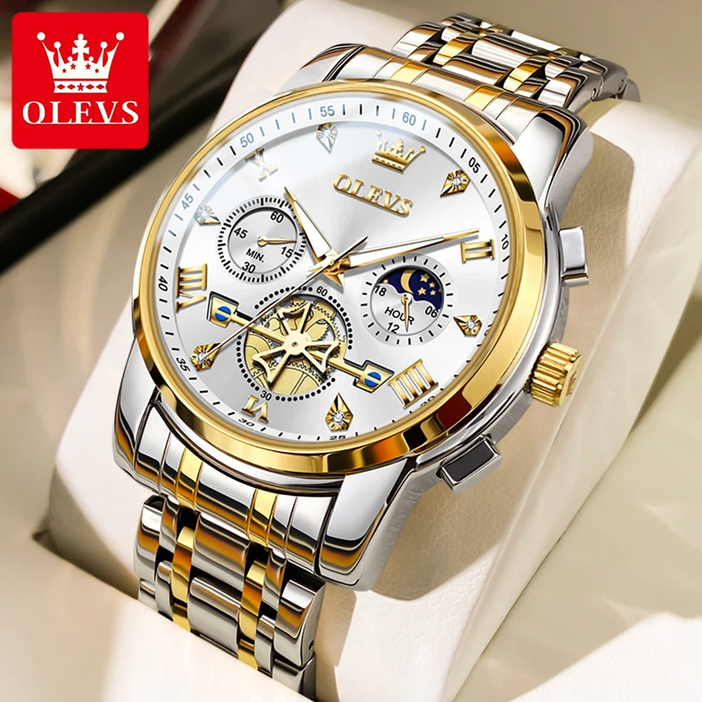 OLEVS 2856 Quartz Watch for Men Flywheel Skeleton Chronograph Moon Phase