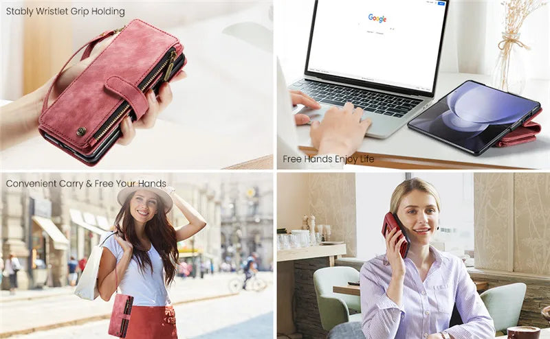 Luxury Lanyard Leather Zipper Wallet Card Phone Case For Samsung Galaxy Z Fold 7 6 5 4 Fold6 Fold5 Fold4 Purse Flip Stand Cover