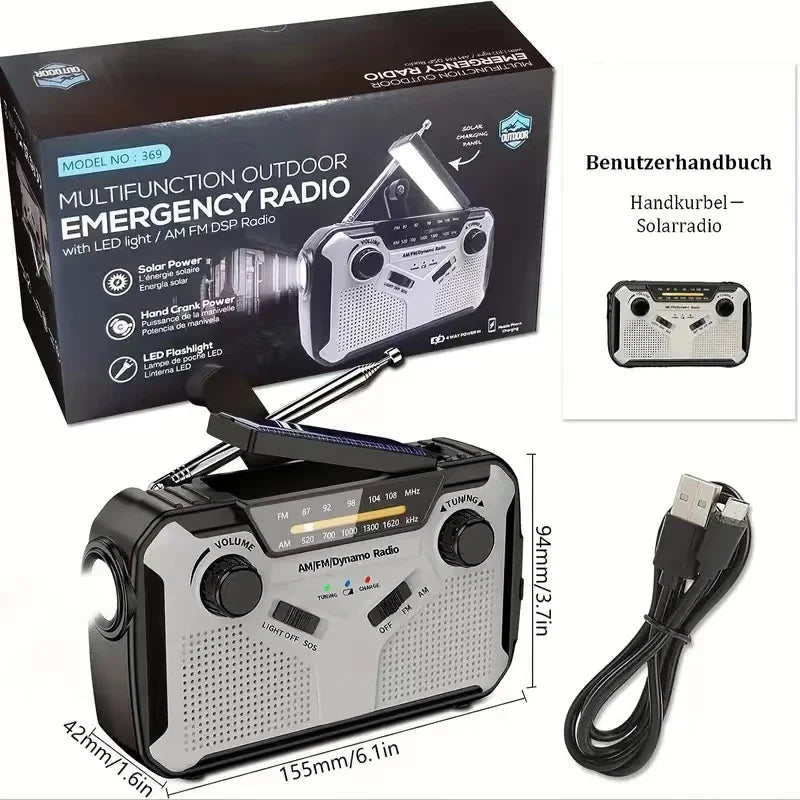 Solar Radio, AM/FM Portable Crank Radio Dynamo Emergency Radio with 4000 mAh Rechargeable Battery, LED Torch, SOS Alarm for Camp
