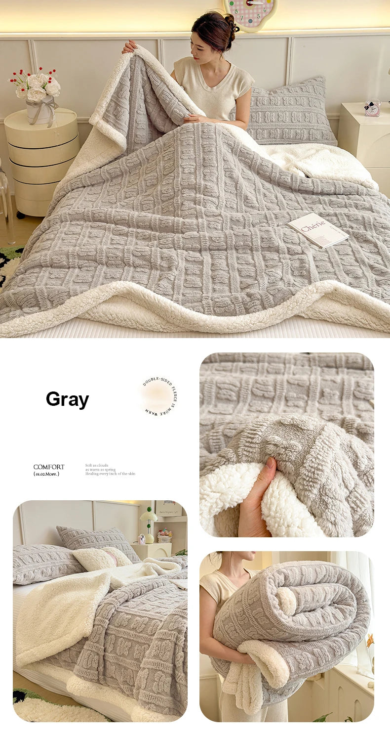 Thickened Coral Fleece Bed Blankets for Winter Warm Soft Imitation Lambs Wool Jacquard Blankets for Bedroom Sleeping Sofa Throw
