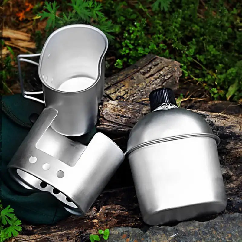 Lightweight Canteen Water Bottle Portable Alcohol Stove Lunch Box Camping Cookware Set Aluminum Canteen Cup Wood Stove Set