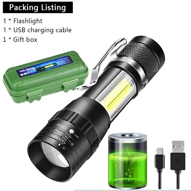 Mini Portable 2000 Lumens Led Flashlight Built In Battery Torch COB Variable Focus Waterproof Tactical Flashlight Bulb Light