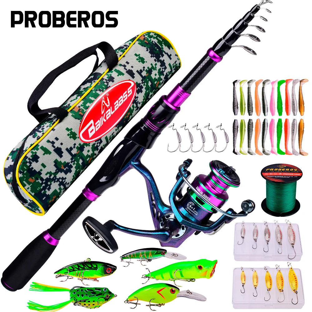 PROBEROS 2.1m Baitcasting/Spinning Fishing Rod Reel Combo Full Set with Line Lure Bag Hooks Freshwater Saltwater Fishing Pesca