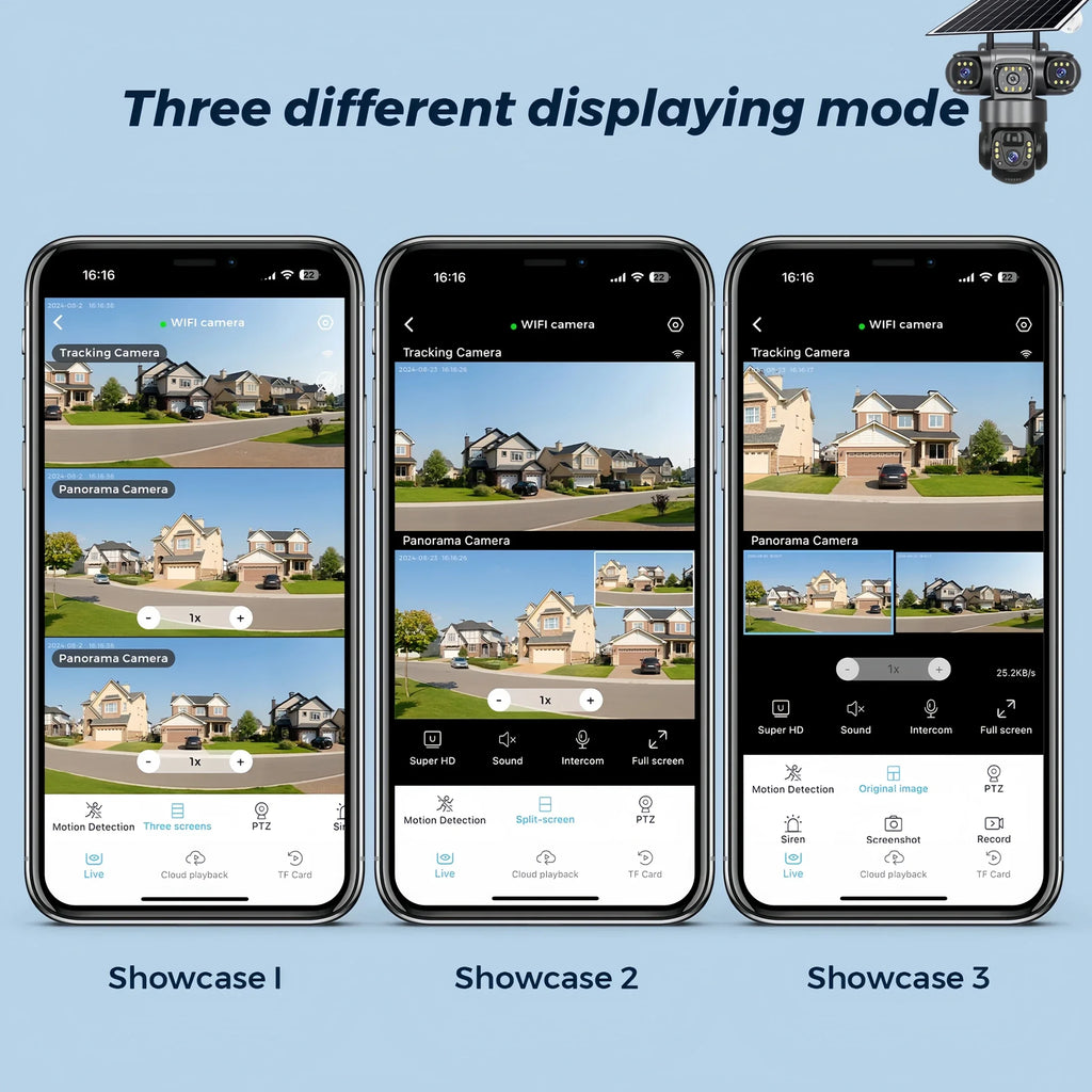 6K 15MP 4G SIM Solar Camera Outdoor 3 Lens 3 Screen Surveillance CCTV PTZ Human Detect Auto Tracking Solar Security Camera V380