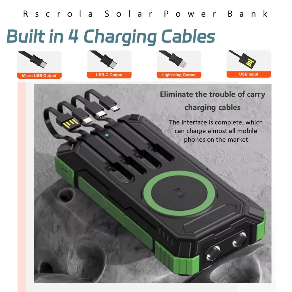 Long-lasting Solar Power Bank, Portable Solar External Battery Pack Built-in Cables, Portable Wireless Charger with Solar Panel