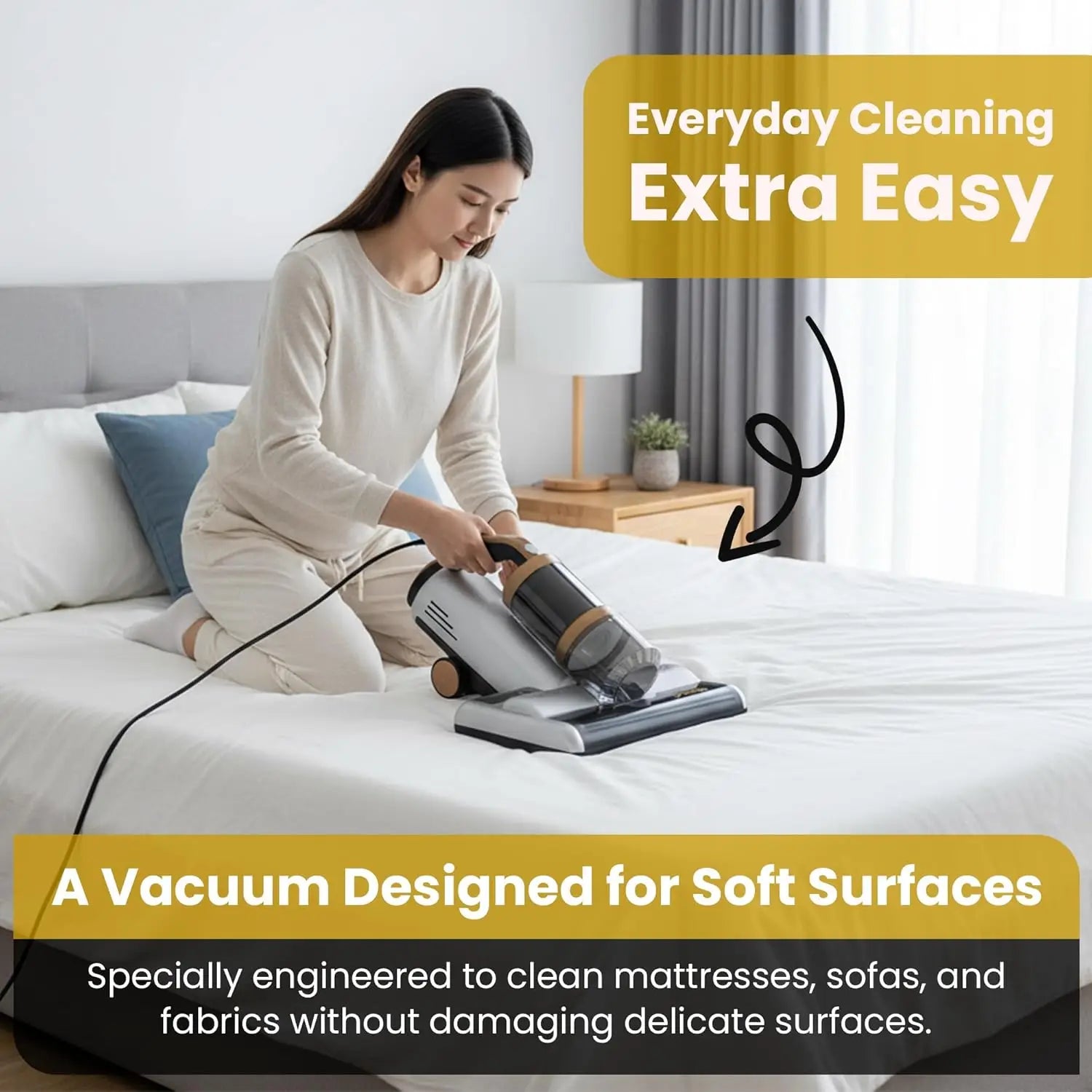 Mattress Vacuum BED CLEANER with UV-C LIGHT, 14kPa Suction, DUAL FILTERS & Dual Rollers, Furniture Handheld Vacuum