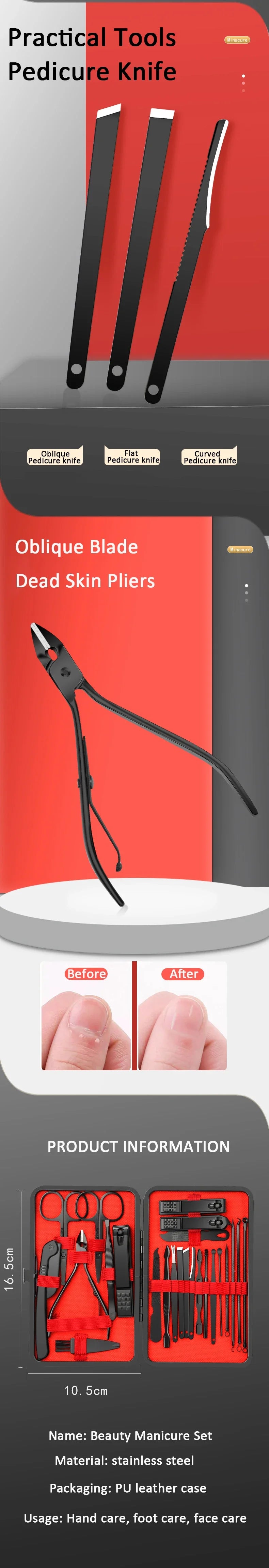 7/12/18/20/24PCS Set Professional Manicure Set Kits Stainless Steel Fingernail Toenail Clippers Set with Leather Portable Case