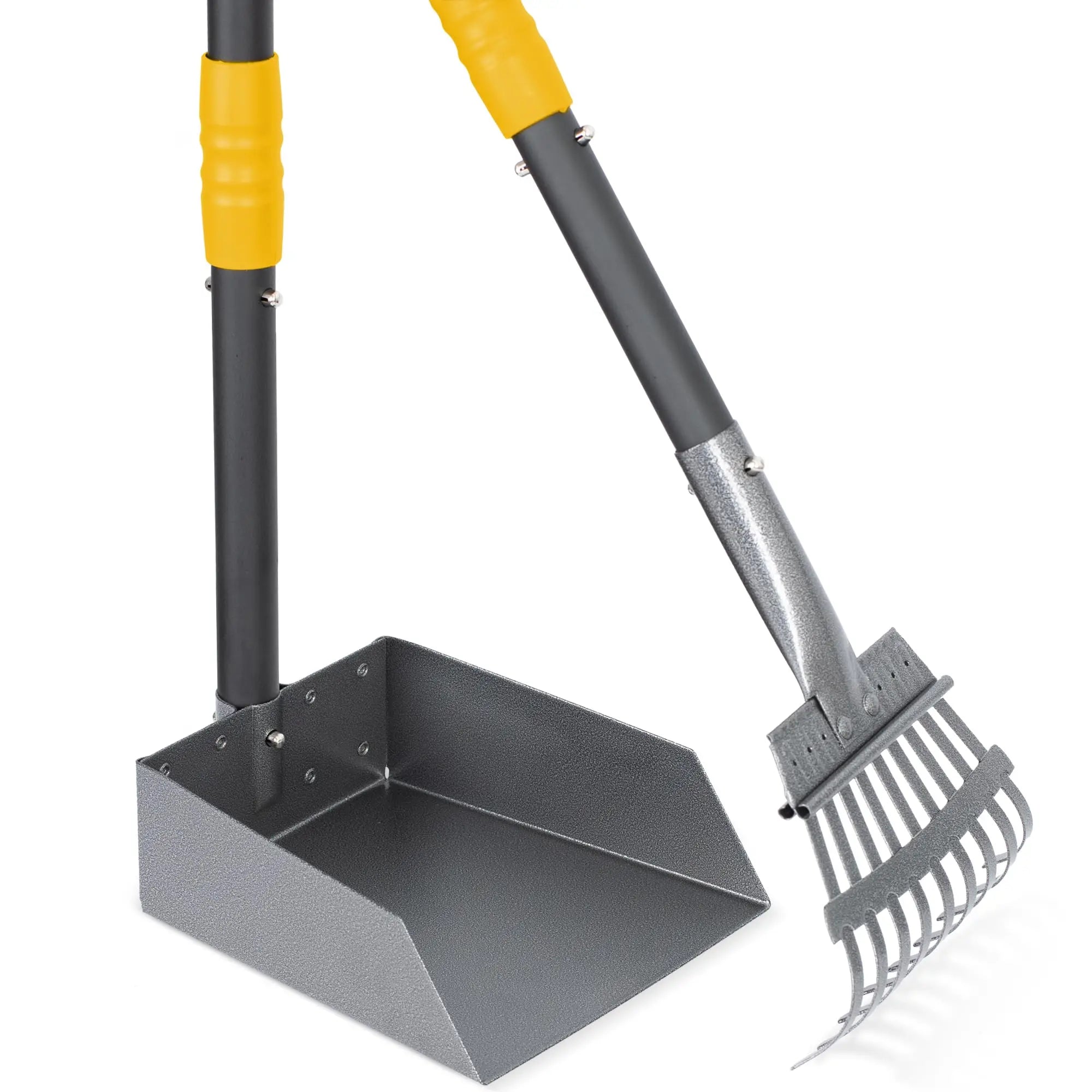 Dog Pooper Scooper, Dog Poop Tray and Rake Set, Pet Waste Removal Scoop with Long Adjustable Sectional Stainless Handles