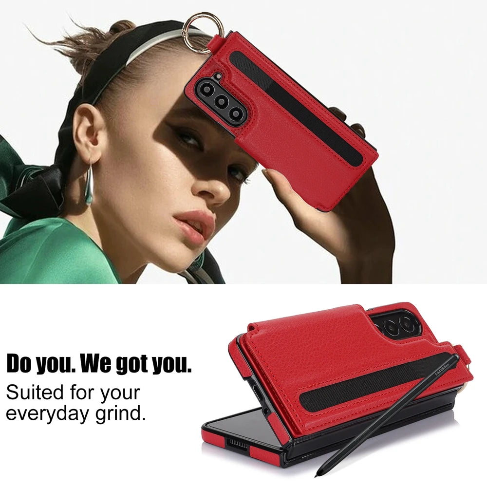 Ring Bucket Wallet Phone Case For Samsung Galaxy Z Fold7 Z Fold 6 5 7 4 3 Leather Case Kickstand Pen Cash Card Slots Phone Cover