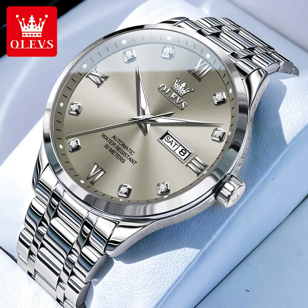 OLEVS 9946 New In Automatic Mechanical Watch for Man Luxury Diamond Dial Dual Calendar Display Auto Date Clock Waterproof Watch