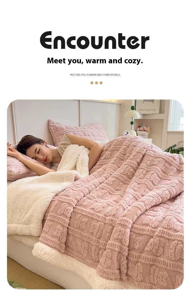 Thickened Coral Fleece Bed Blankets for Winter Warm Soft Imitation Lambs Wool Jacquard Blankets for Bedroom Sleeping Sofa Throw