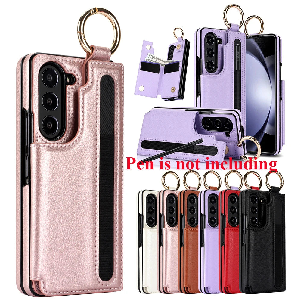 Ring Bucket Wallet Phone Case For Samsung Galaxy Z Fold7 Z Fold 6 5 7 4 3 Leather Case Kickstand Pen Cash Card Slots Phone Cover