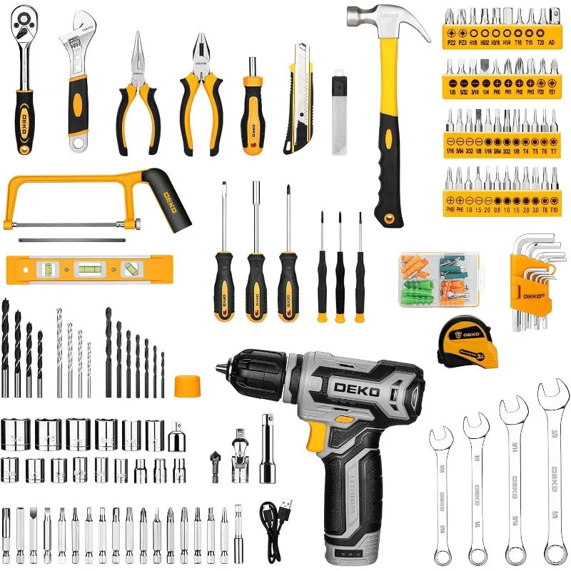 Tool Kit Box Drill Set Home Mechanic Toolbox with 12V Power Cordless Drill Hand Repair Tools Set