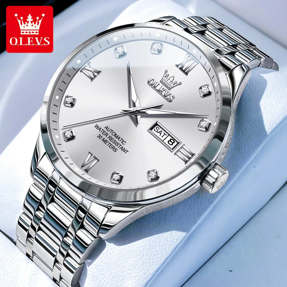 OLEVS 9946 New In Automatic Mechanical Watch for Man Luxury Diamond Dial Dual Calendar Display Auto Date Clock Waterproof Watch