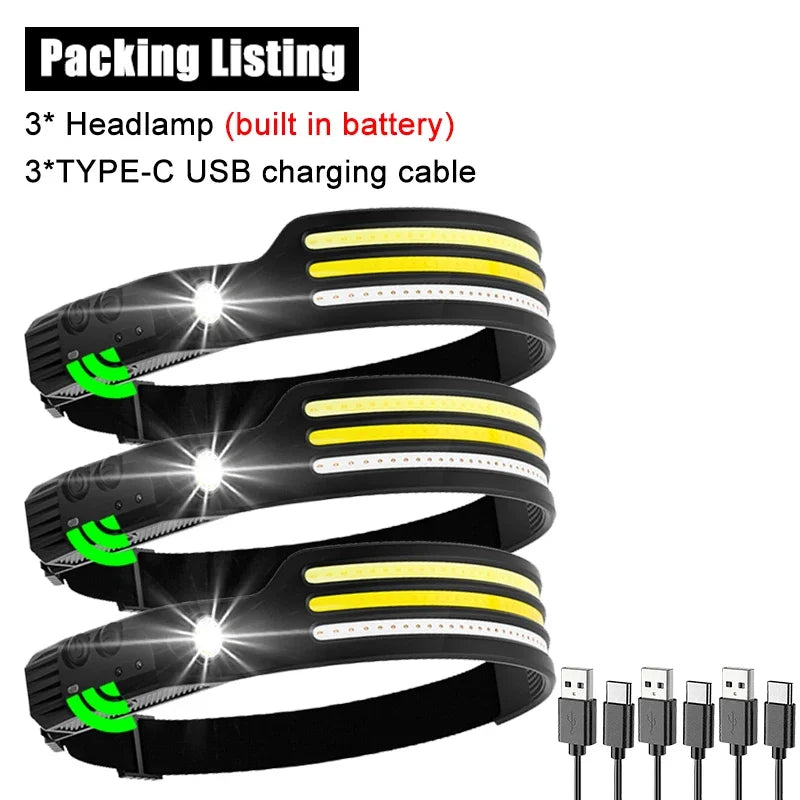 Induction Headlamp COB LED Sensor Head Lamp Built-in Battery Flashlight USB Rechargeable Head Torch 10 Lighting Modes Headlight