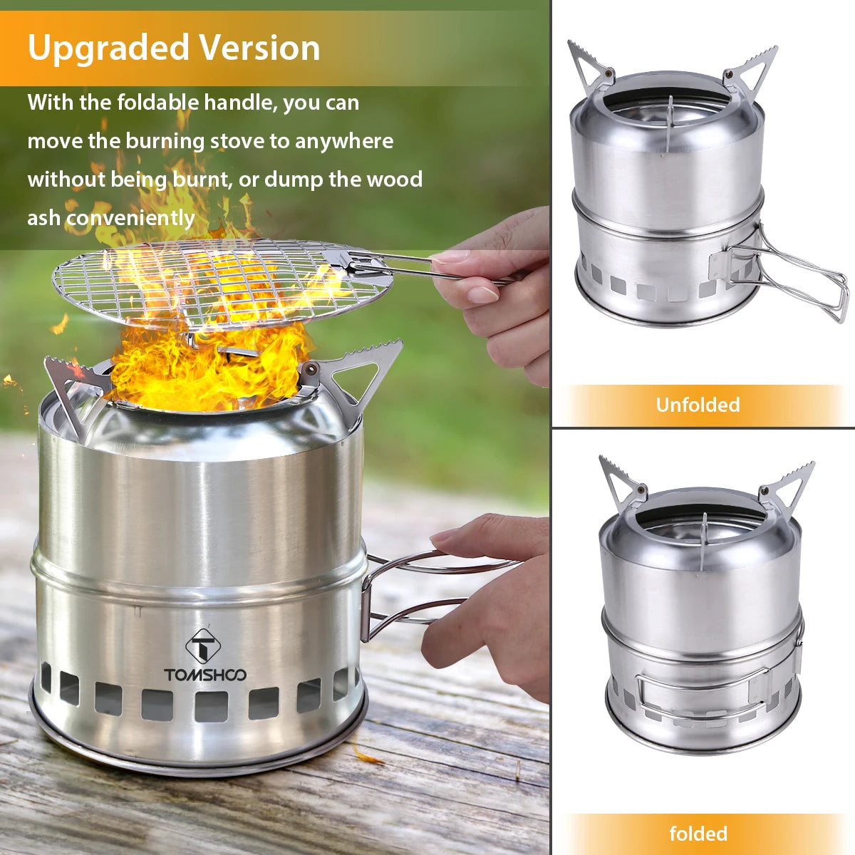 Upgrade Camping Stove & Backpacking Stove with Wood Ash Plate & Foldable Handle , Portable Folding Windproof Wood Burning Stove