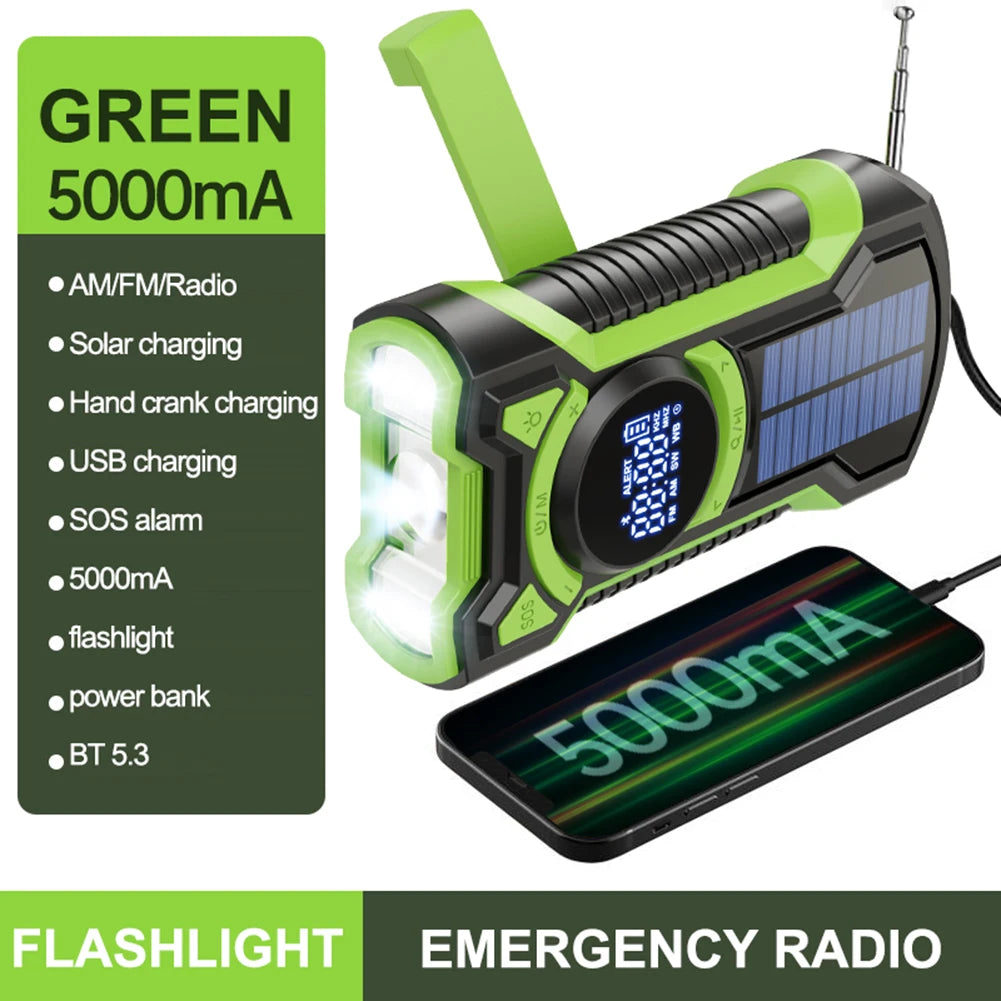 Solar Emergency Weather Radio 5000mAh Hand Crank AM/FM/NOAA Portable Emergency Radio Bluetooth5.3 SOS Alarm for Outdoor Survival