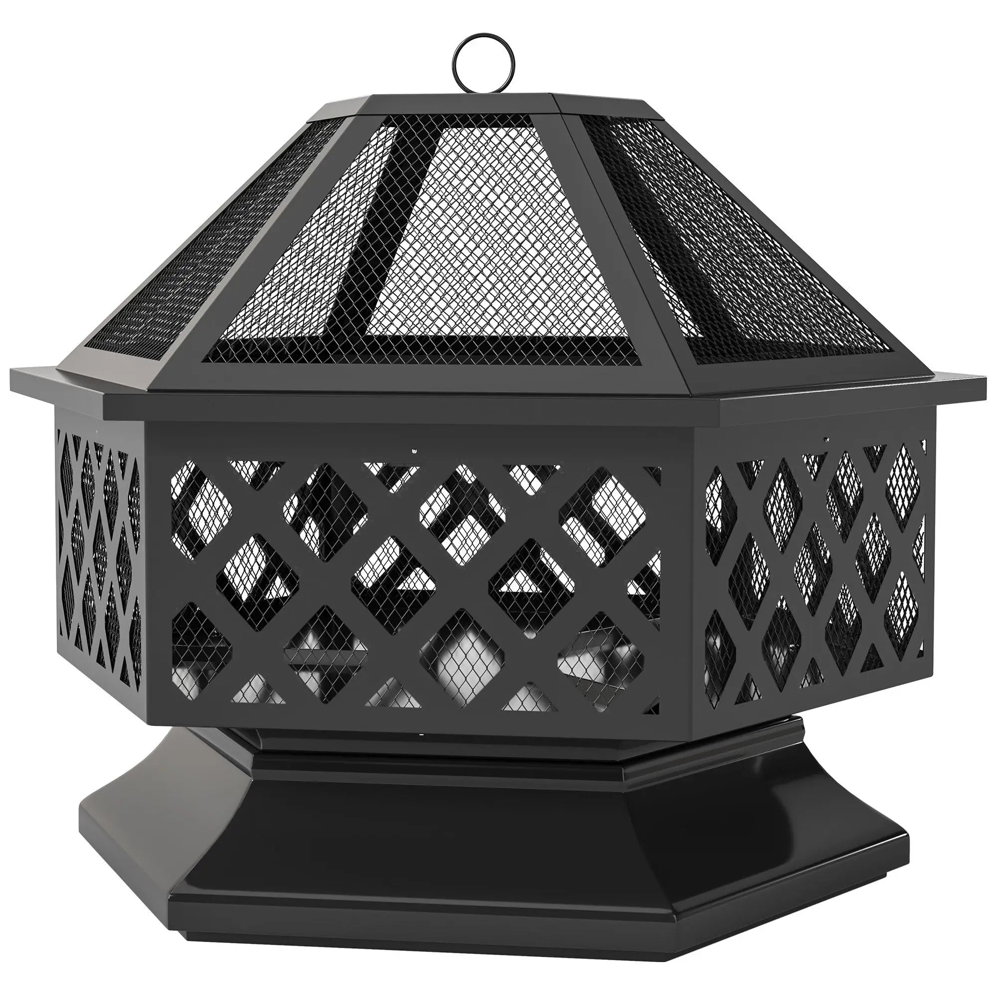 28" Outdoor Fire Pit with Grill Hexagon Fireplace Wood Burning Firepit with Cooking Grate, Fire Poker, Spark Screen Lid