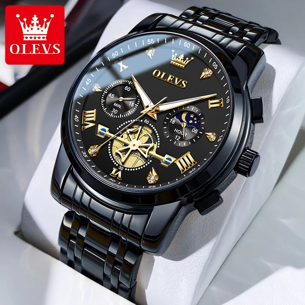 OLEVS 2856 Quartz Watch for Men Flywheel Skeleton Chronograph Moon Phase