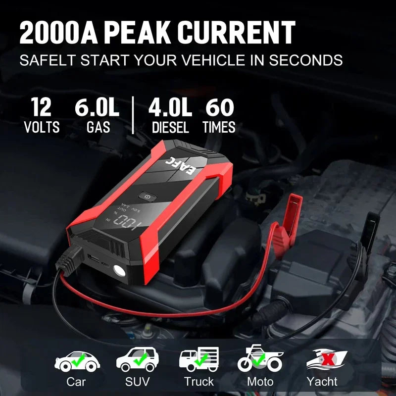 2000A/1200A Car Jump Starter Power Bank Starting Device Portable Car Battery Emergency Booster for 12V Vehicles Small Trucks