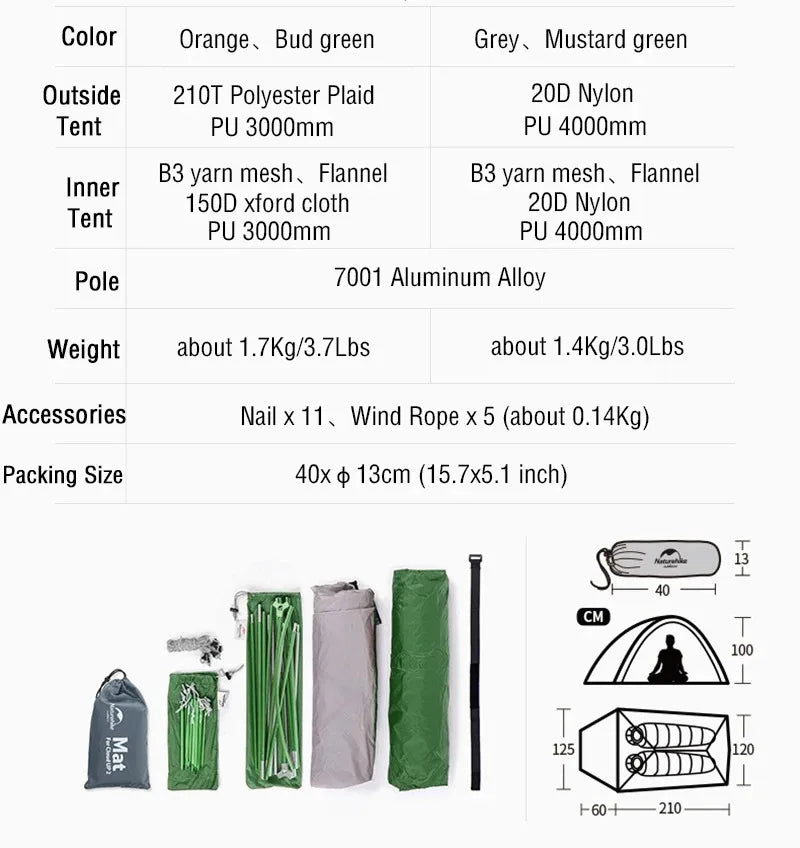 Naturehike Cloud Up 2 Person Camping Tent Waterproof Ultralight 3-4 Season Tent Outdoor Hiking Backpacking Shelter Tents