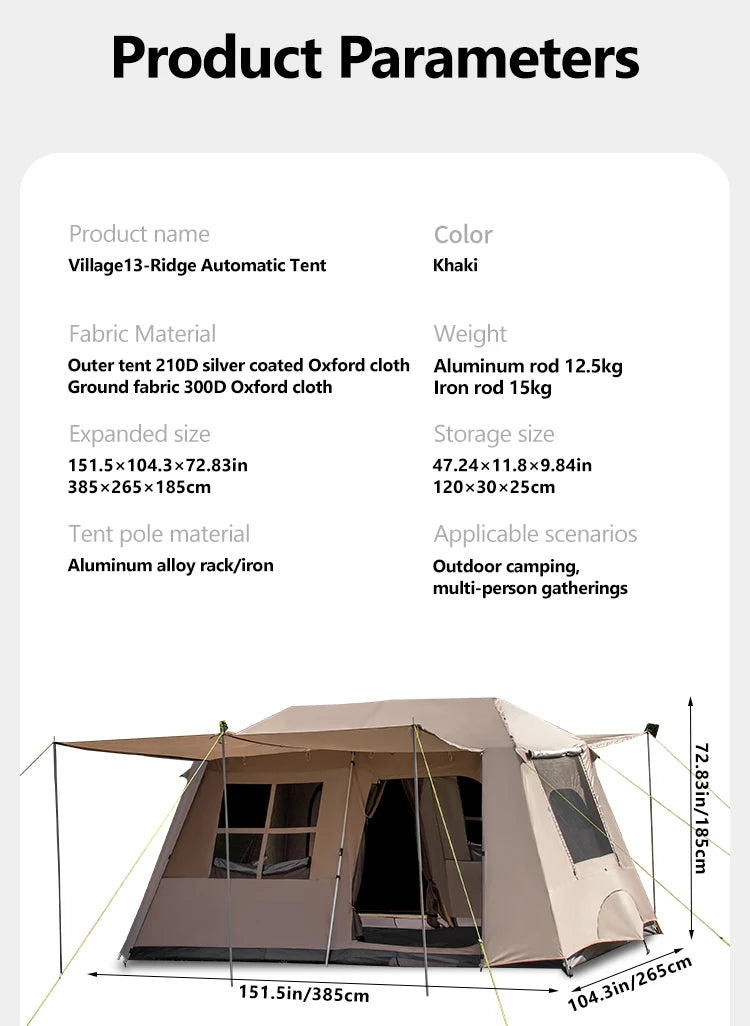 Sonuto Automatic Large Camping Tent 3-8 Person Quick Setup Double Hall Ridge Tent with Canopy for Outdoor Family Adventures