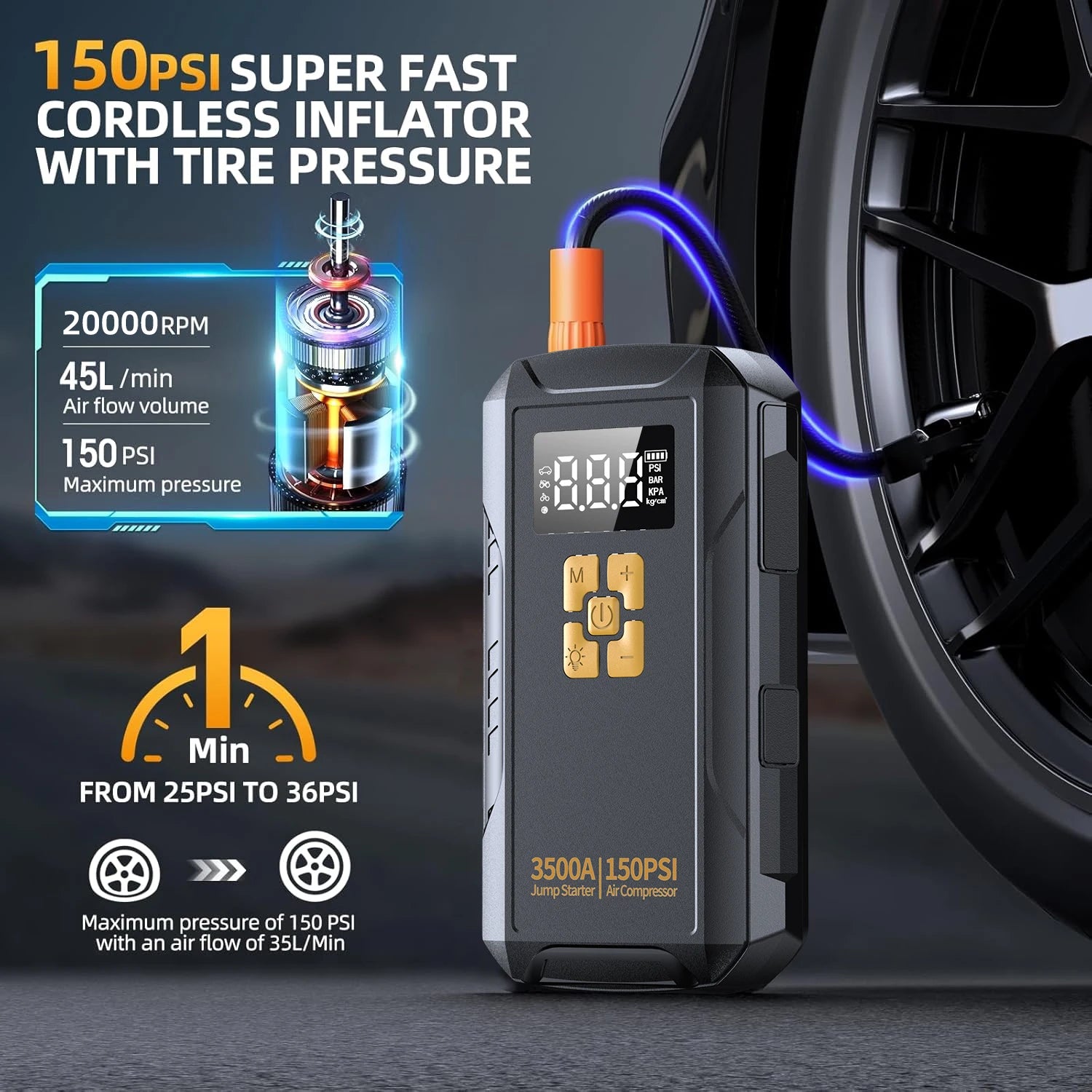 Jump Starter with Air Compressor 3500A Jump Starter 150PSI Air Pump Multifunctional Tire Inflator Power Bank Lighting for Car