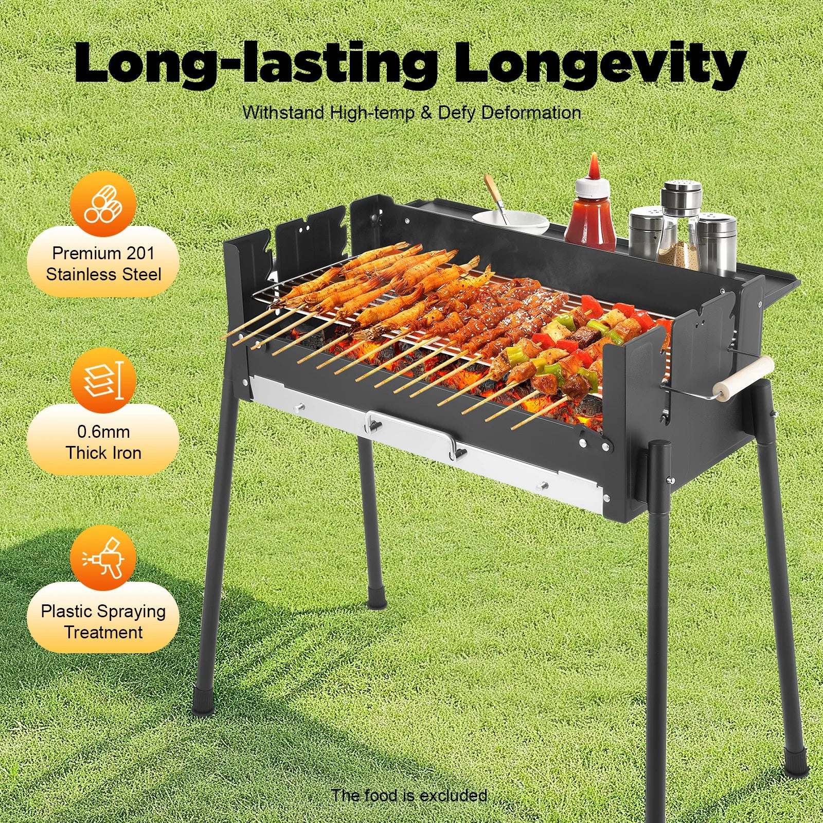 Portable Folding Charcoal BBQ Grill, Large 25.79" Stainless Steel Outdoor Barbecue Grill with Adjustable Height, for Garden Camp