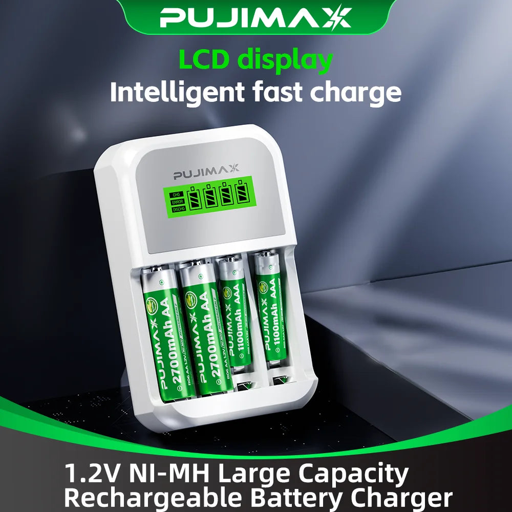 PUJIMAX 4 Slots LCD Display Intelligent Battery Charger For AA/AAA NiCd NiMh Rechargeable Batteries Fast Charging With Cable