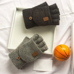 1 Pair Knitted Flip Gloves Wool Gloves Exposed Finger Thickening Winter Warm Touch Screen Fingerless Gloves