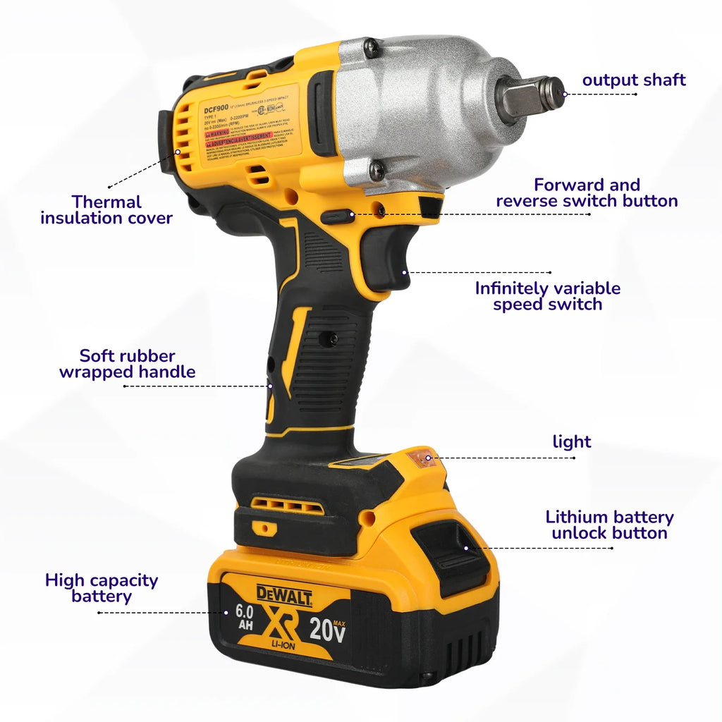 DeWalt DCF900 High Torque Brushless 20V Electric Impact Wrench Powered Electric Durable for Professiona Naked Tool