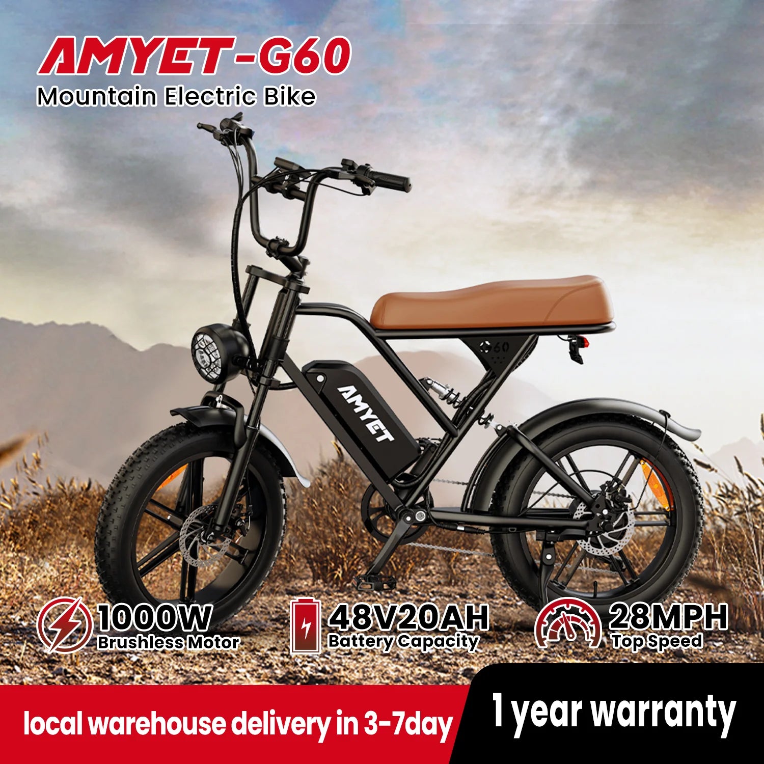 AMYET V9-G60 Adults Electric Bike 1000W Motor Bicycle 48V 20AH 20“ Tire Ebike Electric E Bikes Mountain Moped Ebikes For Men