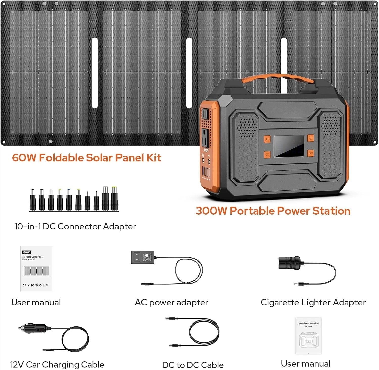 Portable Solar Generator, 300W Portable Power Station with Foldable 60W Solar Panel, 110V Pure Sine Wave 280Wh