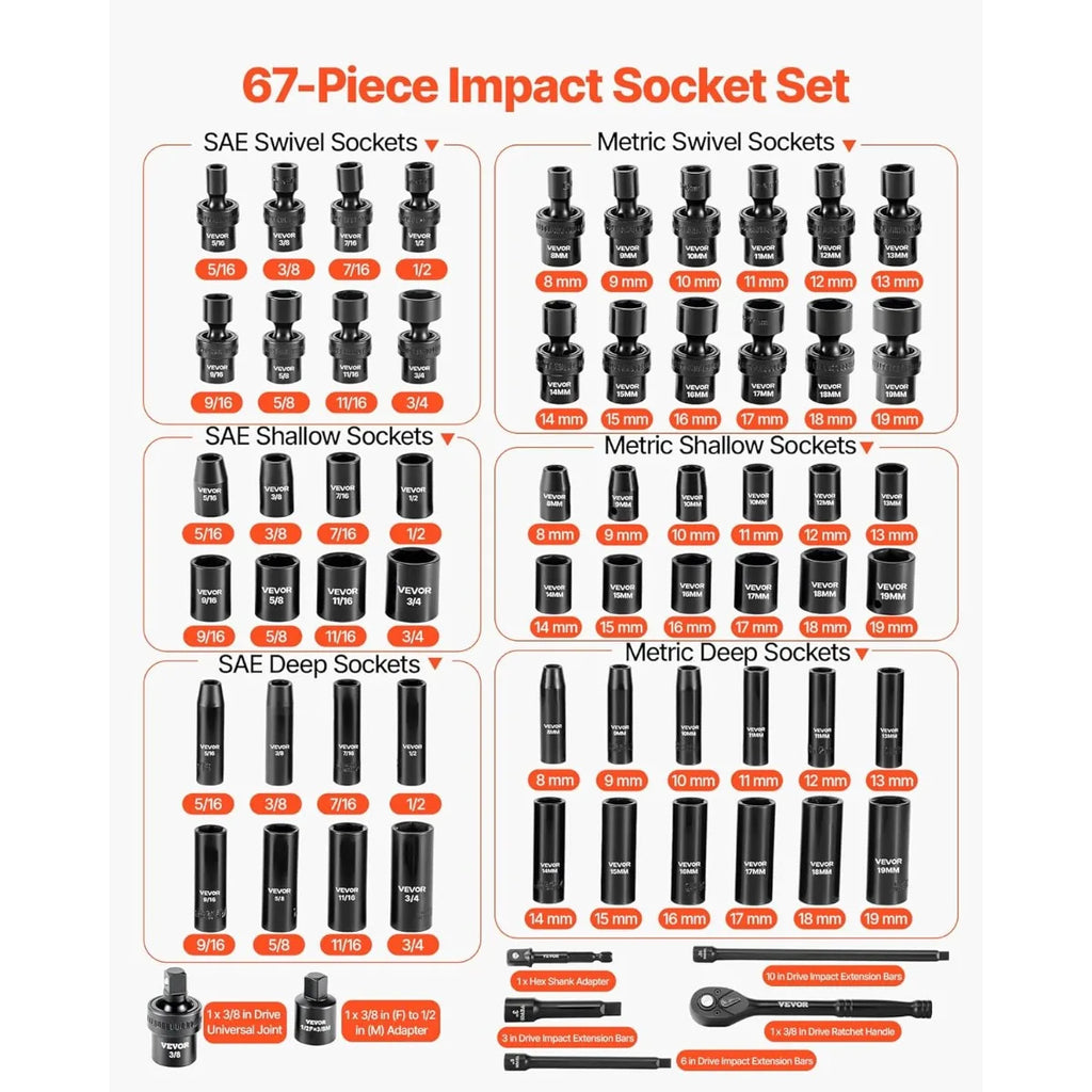 VEVOR 1/4, 3/8 & 1/2 Inch Drive Impact Socket Set, 210-Piece Full Metric/Standard with Extensions & Universal Joint, 3 Cases
