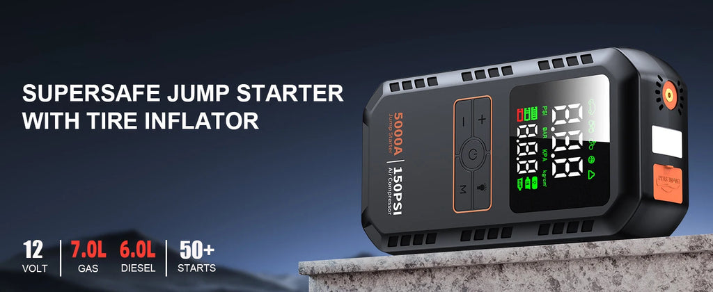 4-IN-1 Car Jump Starter with Air Compressor Peak 5000A Auto Battery Booster 150PSI Air Pump Portable Power Bank Tire Inflator