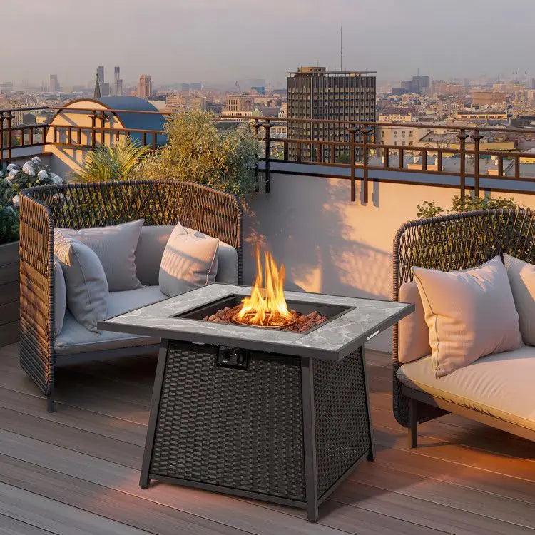 35-Inch Propane Gas Fire Pit Table with Lava Rocks PVC Cover Wicker Rattan for Outdoor Entertaining