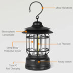 LED Camping Lantern, Handheld Infinite Dimming, Type-C Fast Charging, Rotary Switch & Hook for Home Hiking Fishing Night Walks