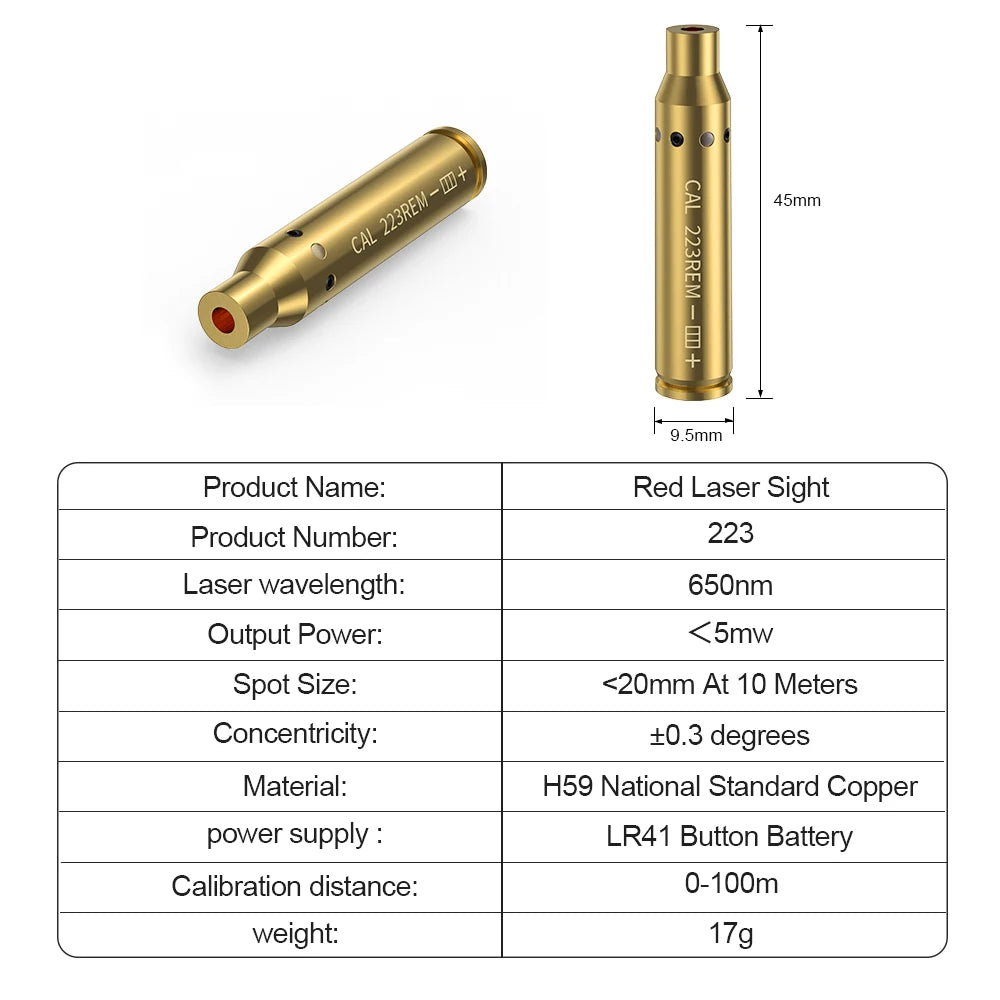 223REM Optics Cartridge Red Dot Laser Bore Brass Bore Boresighter For Pistol Rifle Scope Hunting Accessories 6 Batte