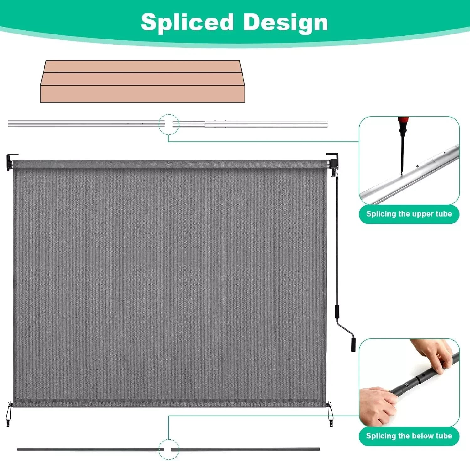 Outdoor Roller Sun Shade HDPE Patio Privacy Shades Screen Aluminum,Cordless Patio Roll Up Blinds, Exterior Shade Cloth Roll