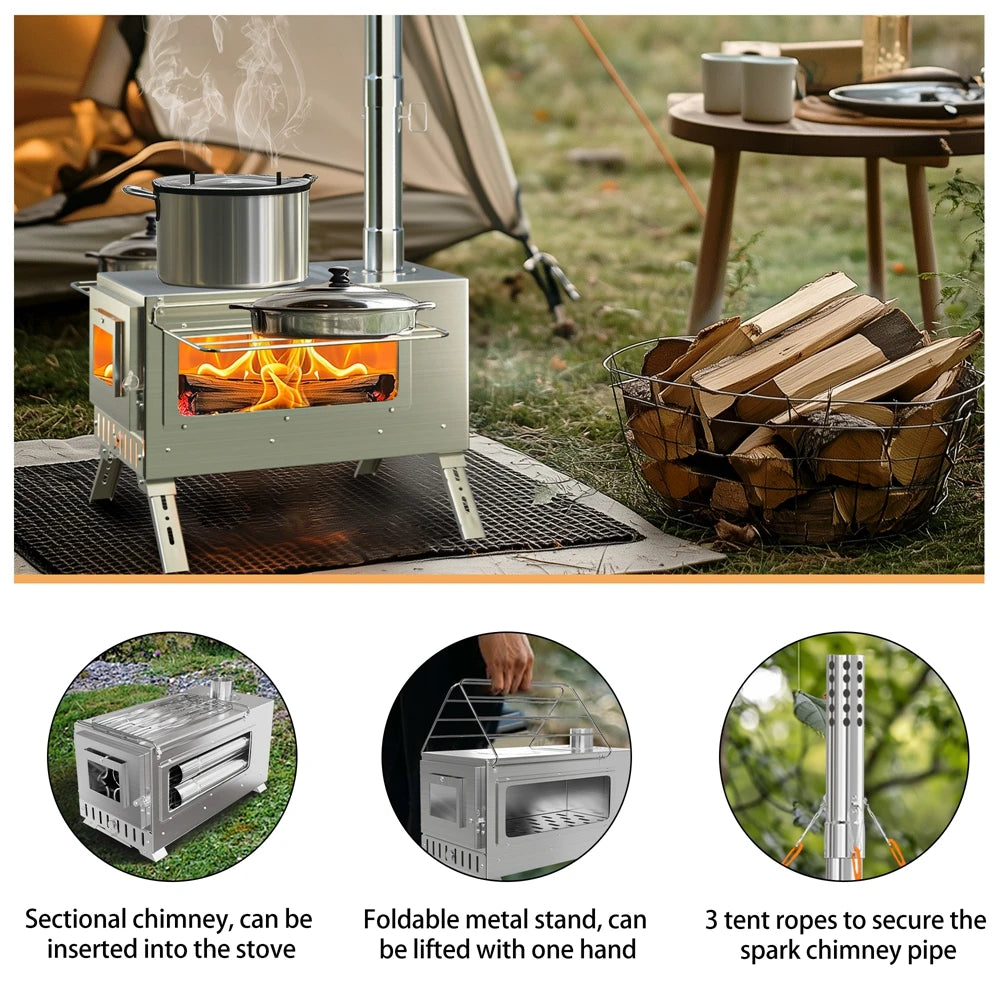 Portable Camping Wood Burning Stove Stainless Steel Tent Stove with 7 Chimney Pipes for Outdoor Camping, Heating